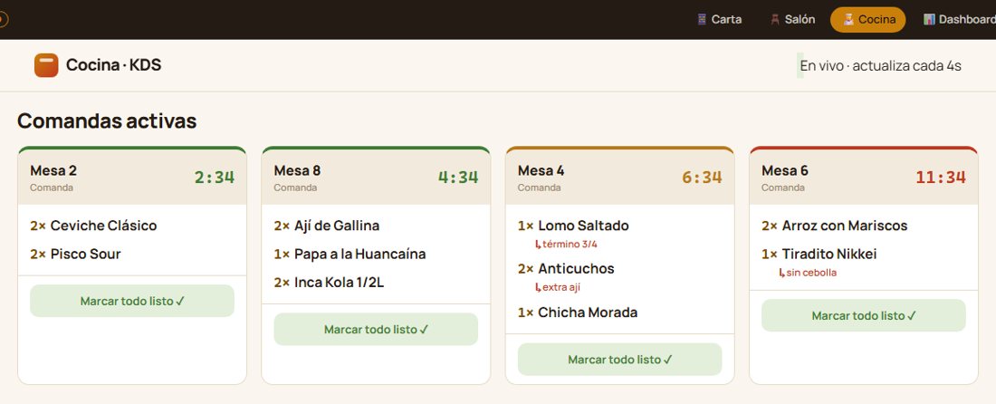 Pantalla de cocina (KDS) con comandas por mesa y tiempo de espera